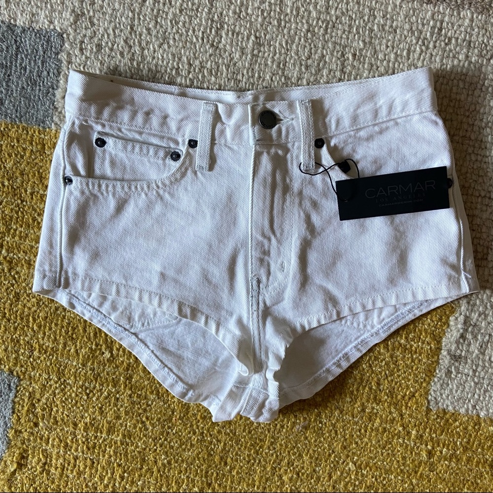 SOLD—Carmar white denim short shorts
